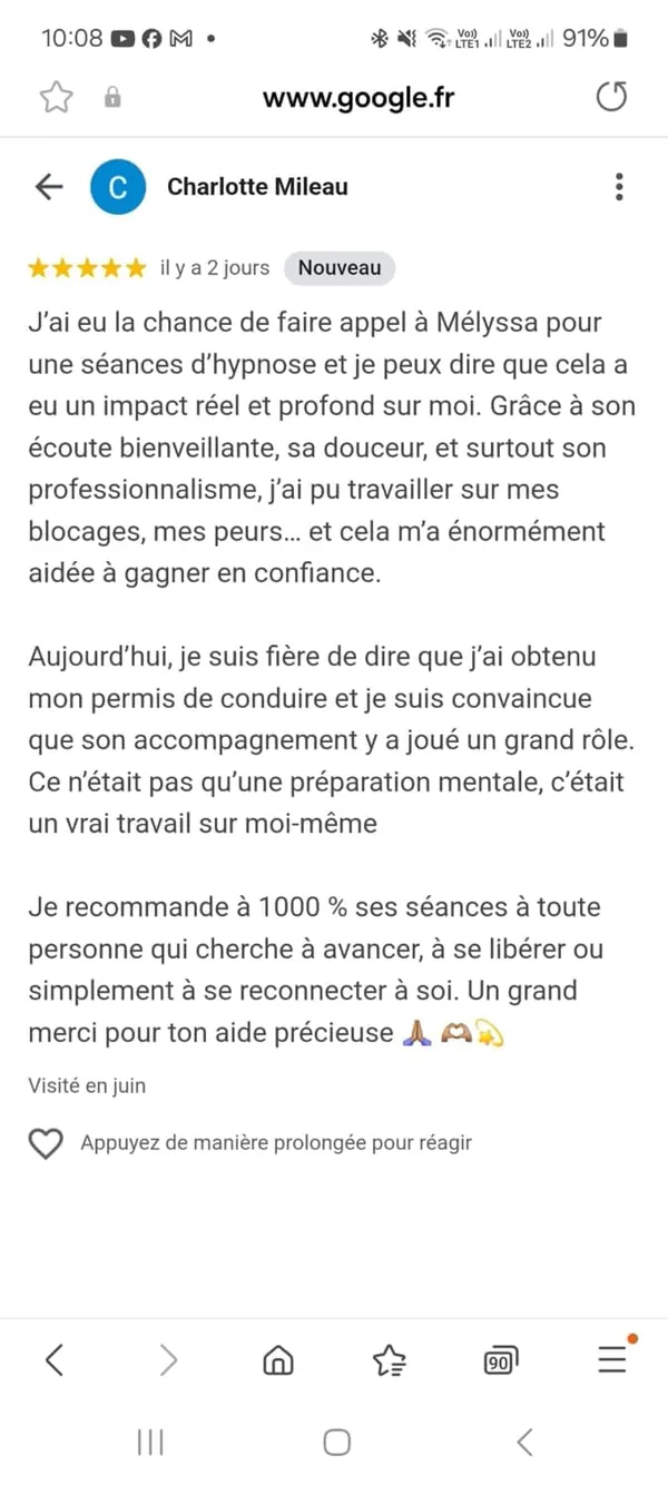 Avis de Charlotte : « Avis Google 5 étoiles de Charlotte sur son accompagnement et la confiance retrouvée. »