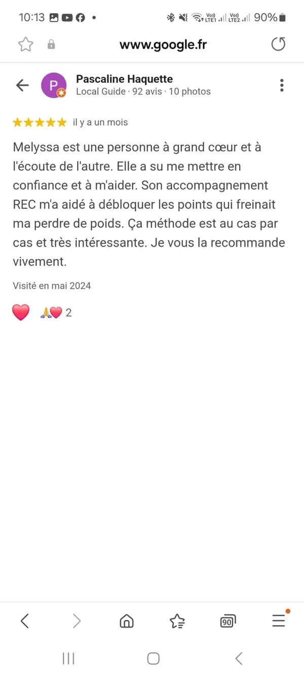 Avis de Pascaline : « Avis Google 5 étoiles de Pascaline : « Une personne à grand cœur et à l'écoute de l'autre ». »